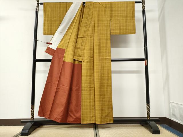 平和屋着物●黄八丈 紬 綾織 格子 胴抜き仕立て 正絹 逸品 CABG0992yc