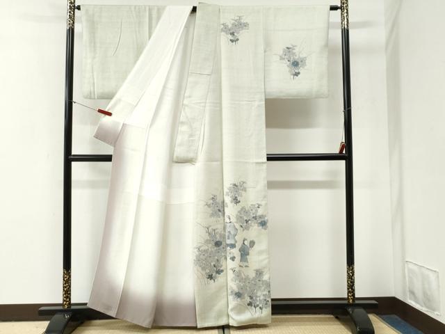 平和屋着物●訪問着 紬地 手描き 人物草花文 正絹 逸品 CABG0995yc