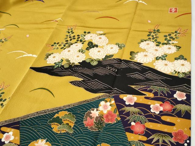 平和屋着物●ファッションデザイナー 花井幸子 振袖 駒刺繍 雪輪エ霞松竹梅花文 金彩 やまと誂製 正絹 逸品 CABG1001yc