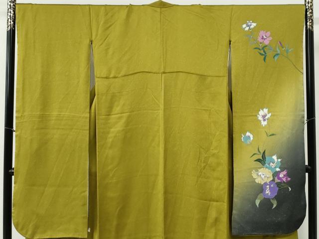 平和屋着物●二代目清次郎 手描き 振袖 草花文 暈し染め 金通し地 正絹 逸品 CABG1002yc