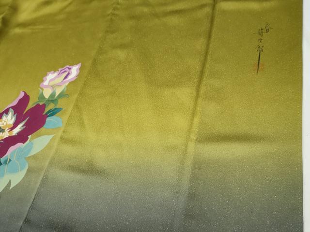 平和屋着物●二代目清次郎 手描き 振袖 草花文 暈し染め 金通し地 正絹 逸品 CABG1002yc