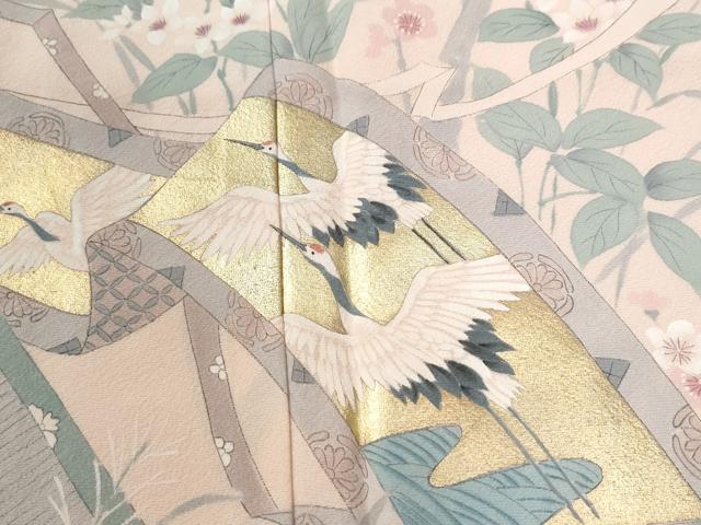 平和屋着物●訪問着 手描き 鬘帯飛鶴草花文 暈し染め 金彩 正絹 逸品 CABG1027yc