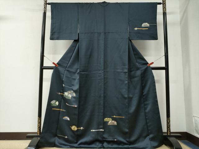 平和屋着物●訪問着 櫛 簪 紺地 金彩 三越扱い ロング丈 正絹 逸品 CABG1031yc