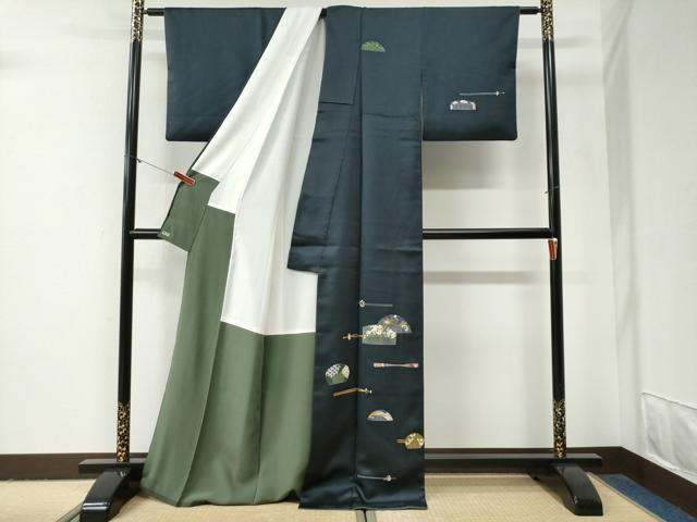 平和屋着物●訪問着 櫛 簪 紺地 金彩 三越扱い ロング丈 正絹 逸品 CABG1031yc