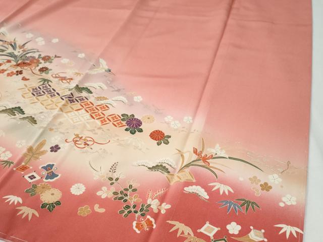 平和屋着物●訪問着 飛鶴宝尽くし松竹梅花文 暈し染め 金彩 正絹 逸品 未使用 CABG1041yc