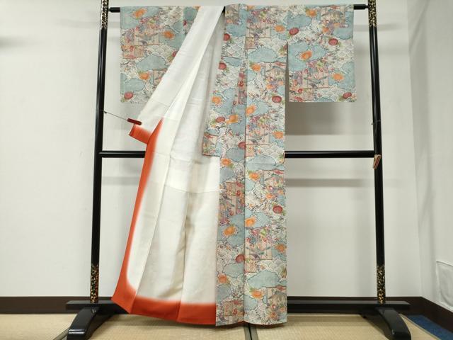 平和屋着物●上質な小紋 絞り 型染め 雲取り飛鶴宝尽くし草花文 鬼しぼ縮緬 正絹 逸品 CABG1044yc