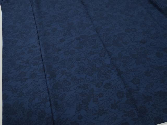 平和屋着物●上質な小紋 藍 型染め 流水草花文 正絹 逸品 CABG1050yc