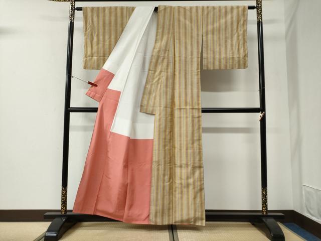 平和屋着物●本場黄八丈 平織 紬 縞 正絹 逸品 CABG1055yc