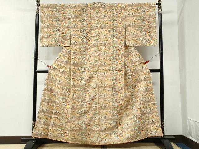 平和屋着物●上質な紬 型染め 風景文 正絹 逸品 CABG1076yc
