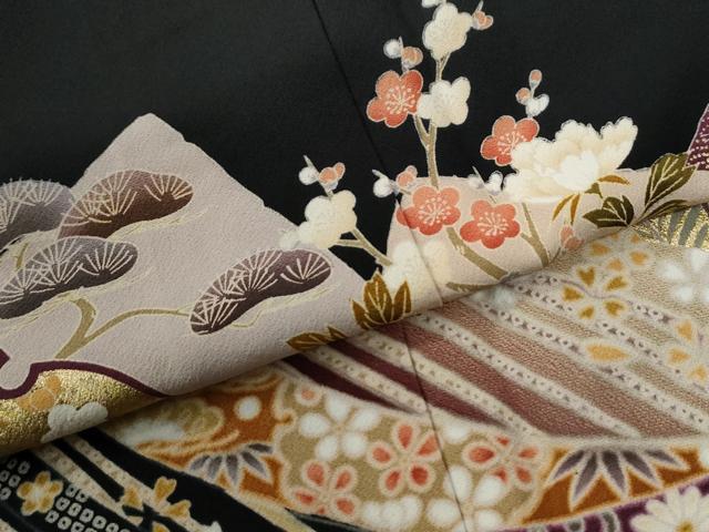 平和屋着物●豪華黒留袖 駒刺繍 鬘帯色紙重ね松竹梅花文 暈し染め 金彩 正絹 逸品 CABG1118yc
