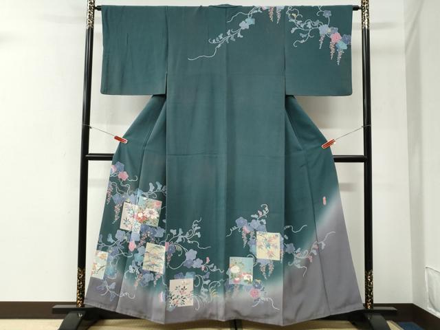 平和屋着物●名門・上野家 上野街子 清染居 訪問着 葡萄蔦の葉色紙草花文 暈し染め 正絹 逸品 CABG1127yc