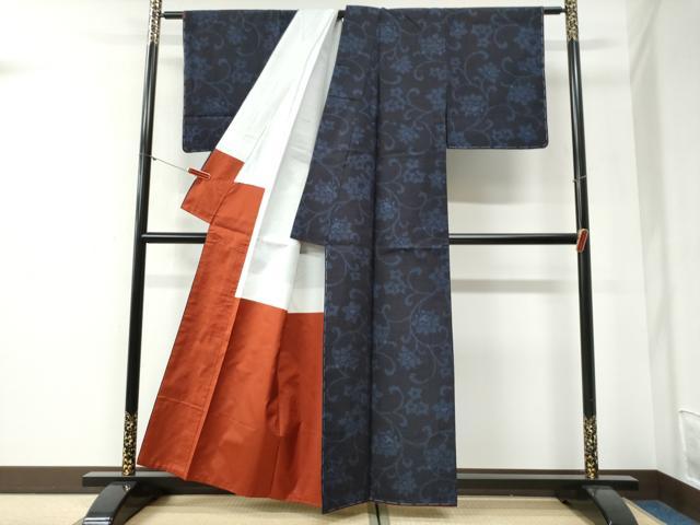平和屋着物●結城紬 80亀甲 飛び亀甲柄 更紗花唐草文 正絹 逸品 未使用 CABG1164yc