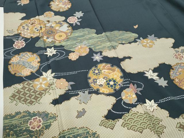 平和屋着物●訪問着 駒刺繍 雲取り雪輪竜田川扇面花文 金彩 正絹 逸品 CABG1165yc