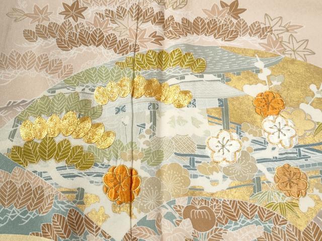 平和屋着物●創業460年・千總 色留袖 駒刺繍 地紙松竹梅風景花文 金彩 正絹 逸品 CABG1170yc