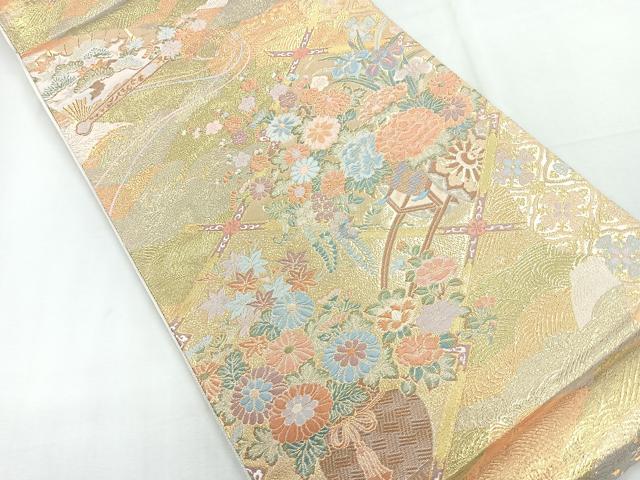 平和屋着物◎全通柄袋帯 吉祥花文 金糸 正絹 逸品 CABG1207nb