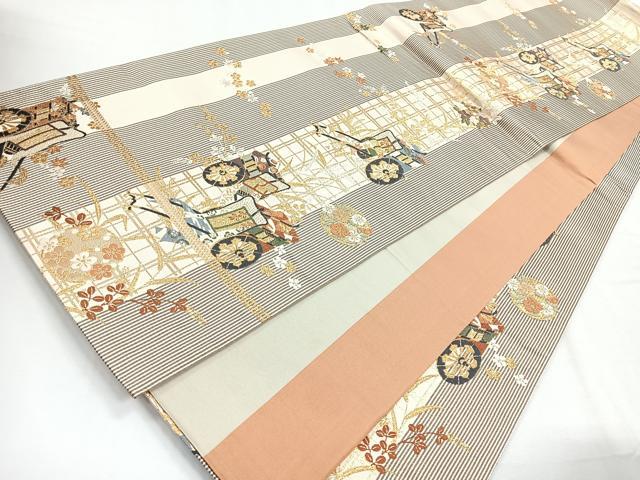 平和屋着物◎両面 六通柄袋帯 唐織 御所車文 金糸 正絹 逸品 CABG1208nb