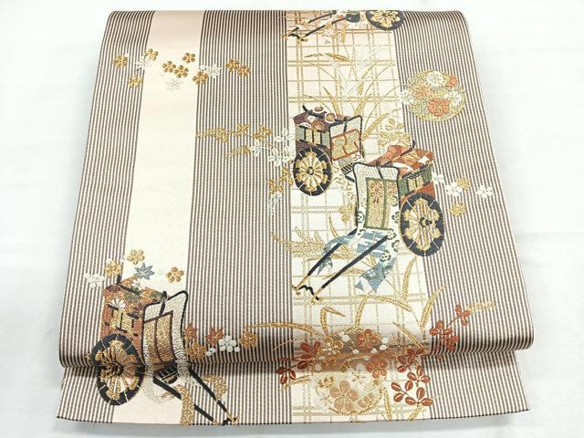 平和屋着物◎両面 六通柄袋帯 唐織 御所車文 金糸 正絹 逸品 CABG1208nb
