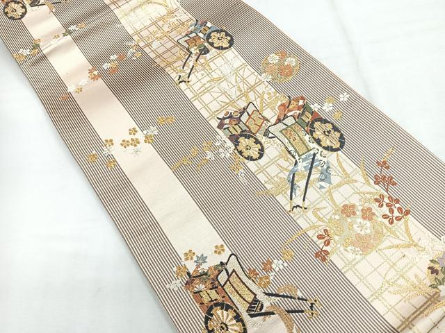 平和屋着物◎両面 六通柄袋帯 唐織 御所車文 金糸 正絹 逸品 CABG1208nb