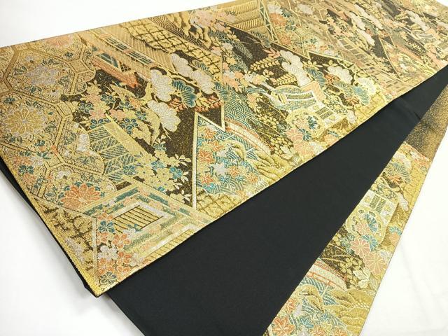 平和屋着物◎六通柄袋帯 吉祥花文 黒地 金糸 正絹 逸品 CABG1212nb