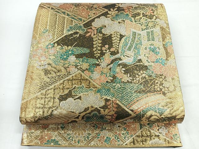 平和屋着物◎六通柄袋帯 吉祥花文 黒地 金糸 正絹 逸品 CABG1212nb