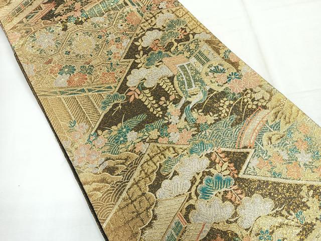 平和屋着物◎六通柄袋帯 吉祥花文 黒地 金糸 正絹 逸品 CABG1212nb