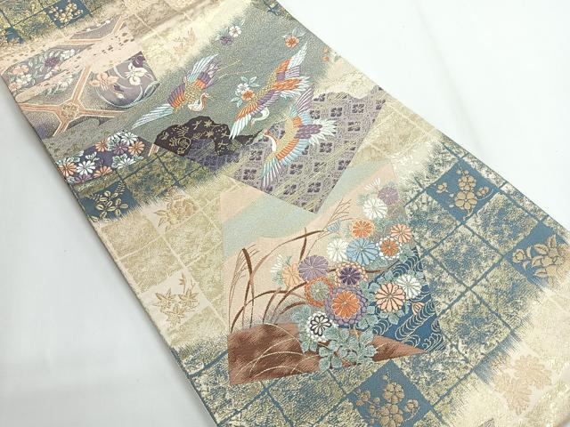 平和屋着物◎六通柄袋帯 唐織 色紙取群鶴文 金糸 正絹 逸品 CABG1232nb