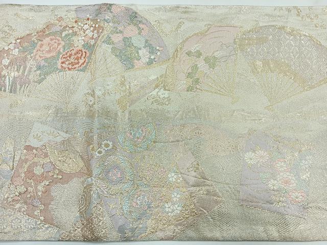平和屋着物◎両面 全通柄袋帯 扇絵四季草花文 金糸 正絹 逸品 CABG1239nb