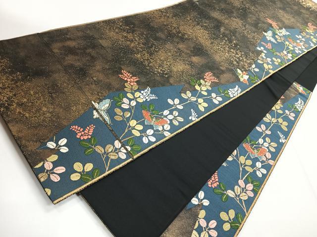 平和屋着物◎六通柄袋帯 唐織 花蝶文 黒地 金糸 正絹 逸品 CABG1288nb