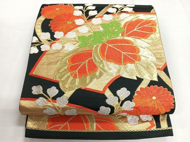 平和屋着物◎六通柄袋帯 唐織 地紙花文 黒地 金銀糸