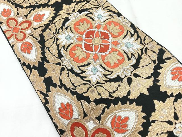 平和屋着物◎六通柄 本袋帯 正倉院花文 黒地 金糸 正絹 逸品 CABG1321nb