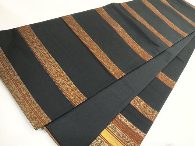 平和屋着物◎六通柄袋帯 草花横段文 黒地 正絹 逸品 CABG1339nb