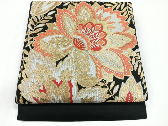平和屋着物◎六通柄袋帯 更紗花文 黒地 金糸 正絹 逸品 CABG1363nb