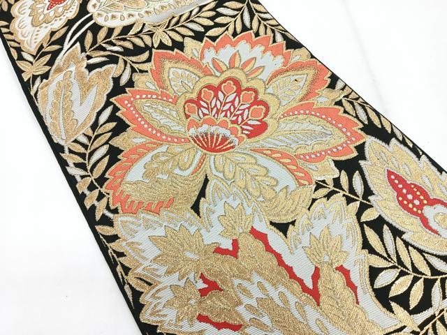 平和屋着物◎六通柄袋帯 更紗花文 黒地 金糸 正絹 逸品 CABG1363nb