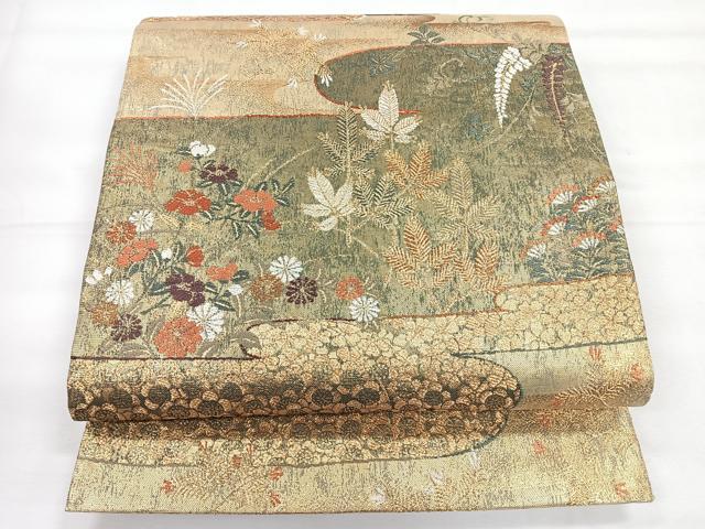 平和屋着物◎六通柄袋帯 雲霞彩花小袖絵文 金糸 正絹 逸品 CABG1428nb