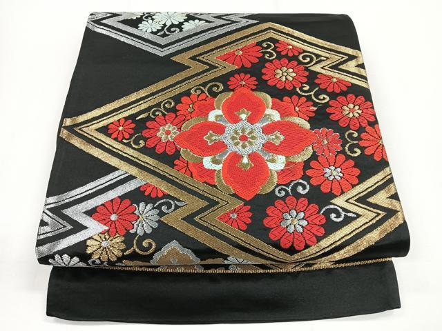 平和屋着物◎六通柄袋帯 唐織 松皮菱花文 黒地 金銀糸 正絹 逸品 CABG1435nb
