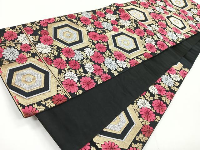 平和屋着物◎六通柄袋帯 亀甲花文 黒地 金銀糸 正絹 逸品 CABG1460nb