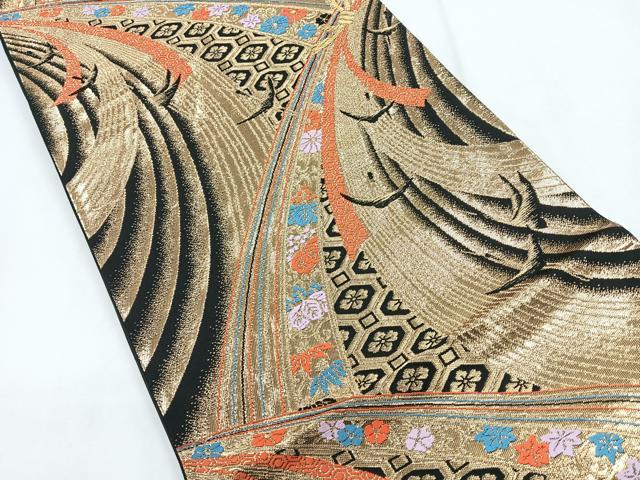 平和屋着物◎六通柄袋帯 唐織 飛鶴花文 黒地 金糸 正絹 逸品 CABG1465nb