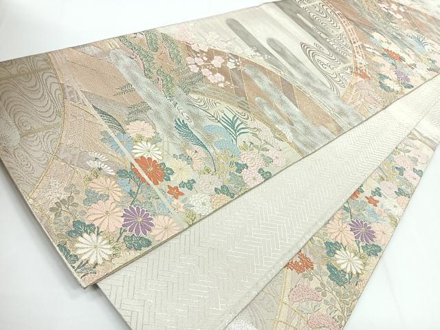平和屋着物◎佐賀錦 六通柄袋帯 唐織 渡り橋流水草花文 金銀糸 正絹 逸品 CABG1475nb