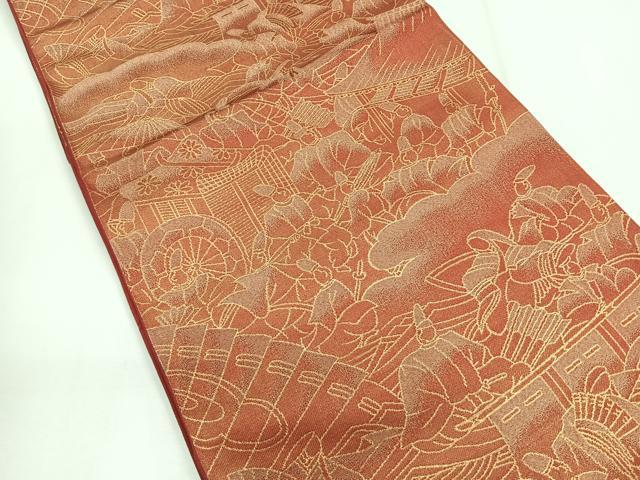 平和屋着物◎六通柄袋帯 御所車人物風景文 金糸 正絹 逸品 CABG1480nb