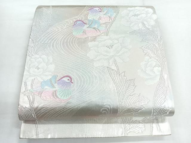 平和屋着物◎六通柄袋帯 鴛鴦流水花文 銀糸 正絹 逸品 CABG1485nb