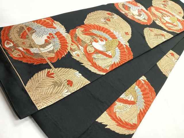 平和屋着物◎六通柄袋帯 鳳凰丸文 黒地 金銀糸 正絹 逸品 CABG1491nb