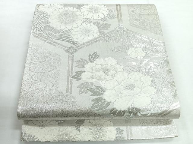 平和屋着物◎六通柄袋帯 亀甲草花文 銀糸 正絹 逸品 CABG1497nb
