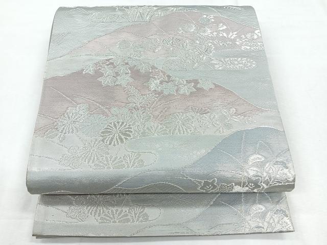 平和屋着物◎六通柄袋帯 流水草花文 銀糸 正絹 逸品 CABG1499nb