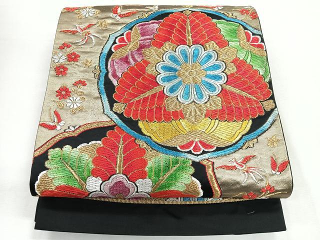 平和屋着物◎六通柄袋帯 鳳凰草花文 黒地 金糸 正絹 逸品 CABG1515nb