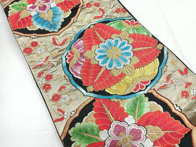平和屋着物◎六通柄袋帯 鳳凰草花文 黒地 金糸 正絹 逸品 CABG1515nb