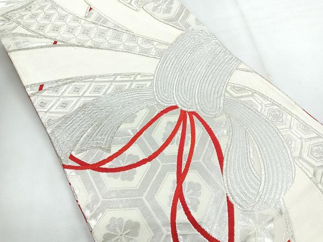 平和屋着物◎両面 六通柄袋帯 束ね熨斗亀甲花文 銀糸 正絹 逸品 CABG1517nb