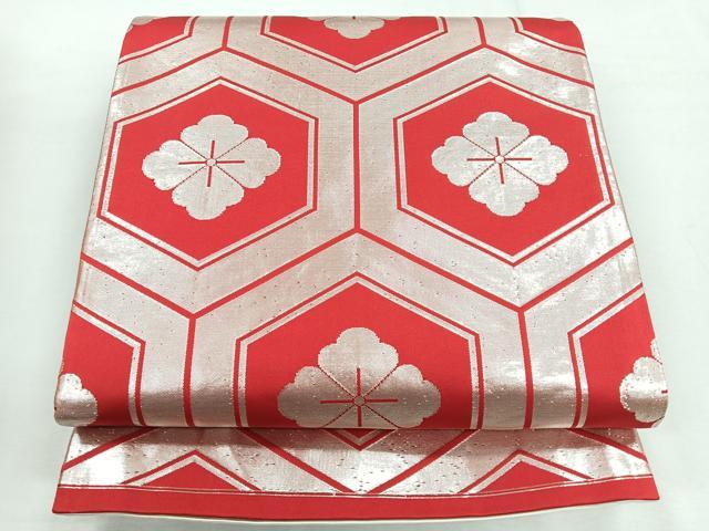 平和屋着物◎両面 六通柄袋帯 束ね熨斗亀甲花文 銀糸 正絹 逸品 CABG1517nb