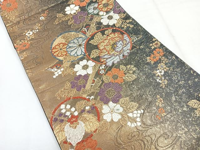 平和屋着物◎六通柄袋帯 流水草花丸文 黒地 金銀糸 正絹 逸品 CABG1526nb