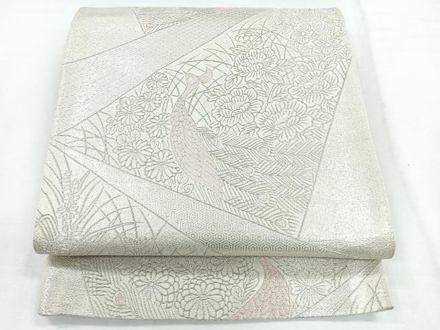平和屋着物◎六通柄袋帯 切嵌孔雀花文 銀糸 正絹 逸品 CABG1531nb