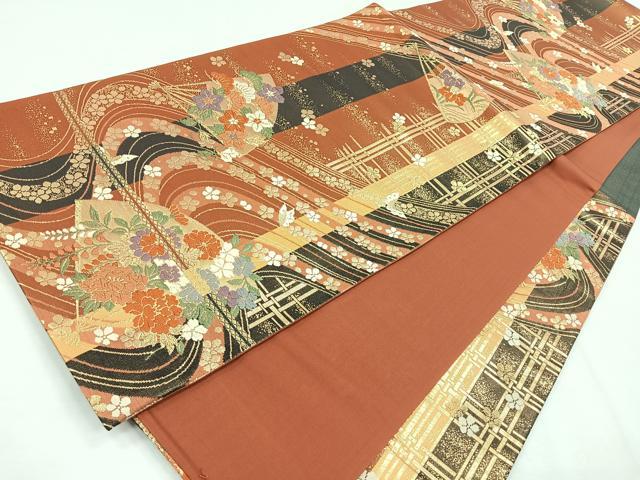 平和屋着物◎六通柄袋帯 扇面花蝶文 金糸 正絹 逸品 CABG1534nb